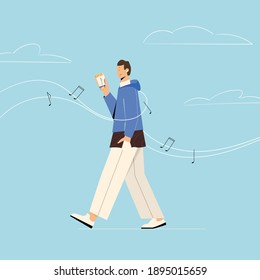 Man walking and listening music via smartphone in wireless earplugs. Vector illustration. 