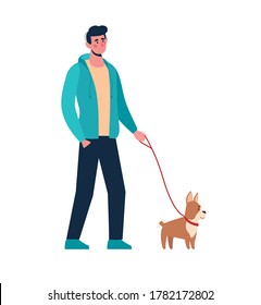 Man walking with little dog. A male in casual clothes  holding a puppy on a leash. An active walk in the fresh air. Vector in flat style, cartoon character isolated on white background