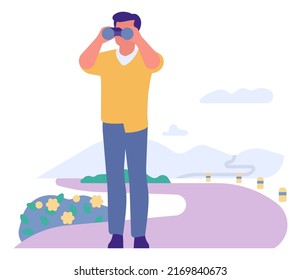 Man walking and looking forward in binoculars