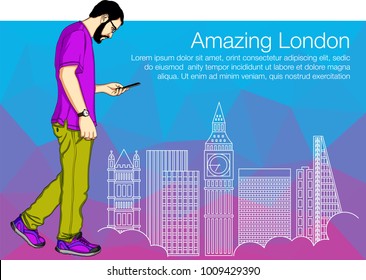 Man walking and looking at GPS app on mobile phone. Vector buildings of street of London city  