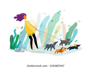 Man walking a many dogs. Flat funny illustration - woman with running puppies. Vector isolated on white background.