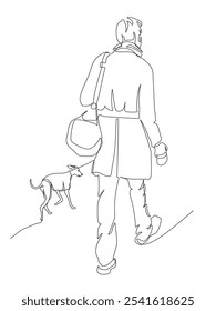 Man walking with middle size dog. Both wear coats in cold season. Back view. Continuous line drawing. Black and white vector in line art style.