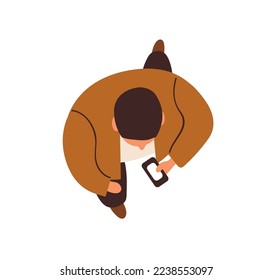 Man walking with mobile phone in hand, above top view. Overhead person in motion, going on business, surfing internet, holding smartphone. Flat vector illustration isolated on white background
