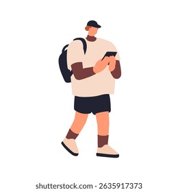 Man walking with mobile phone in hands. Young male holding smartphone, going outdoors with backpack. Guy texting online in internet, urban style. Flat vector illustration isolated on white background