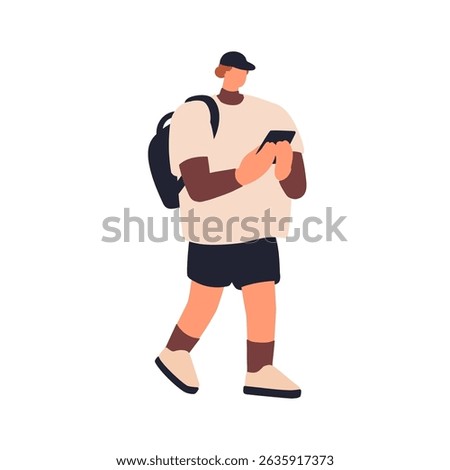 Man walking with mobile phone in hands. Young male holding smartphone, going outdoors with backpack. Guy texting online in internet, urban style. Flat vector illustration isolated on white background