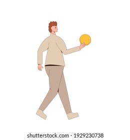 Man walking with money. Line art flat vector character with huge coin in his hand isolated on white background. 