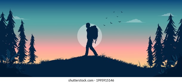 Man walking in nature at night - Silhouette of person with backpack wandering alone in landscape. Vector illustration.