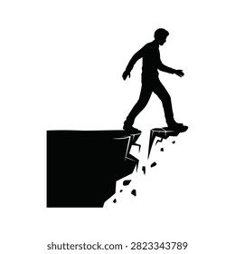 Man walking off a cliff edge silhouette graphic with silhouette, conceptual