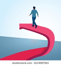 A man walking on an arrow that changes direction. A metaphorical illustration for better change, changing opportunities and business strategies.