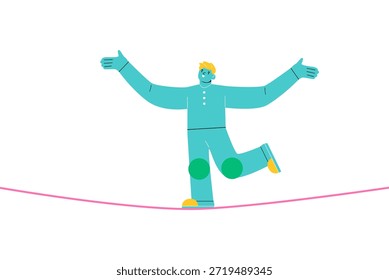 Hombre caminando en la cuerda de equilibrio slackline. Ilustración vectorial colorida
