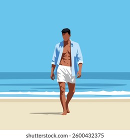 Man Walking on Beach - Vector Illustration