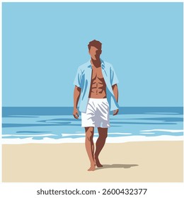 Man Walking on Beach - Vector Illustration