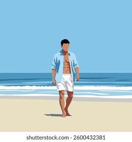 Man Walking on Beach - Vector Illustration