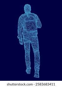 A man is walking on a blue background. The man is wearing a backpack and has a cell phone in his hand. The image is a digital rendering of a person, and the blue color gives a sense of calmness