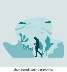 man walking on blue forest. blue mood