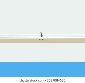 Man walking on the bridge cross river. Nature Landscape with blue sky. Outdoor modern urban lifestyle. 