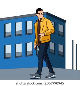 a man walking on city street illustration