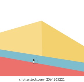 Man walking on colorful street with minimal modern architecture building. Urban lifestyle.