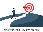 Man Walking on a Curved Path Toward a Target Symbolizing Focus, Goals, Direction, Success, and Personal Growth Ambition and focus, man walking on winding path leading to bullseye target, success,