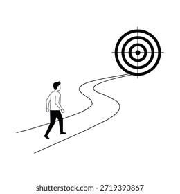 Mann, der auf einem gekrümmten Pfad zu einem Ziel geht, der Fokus, Ziele, Richtung, Erfolg und persönliches Wachstum symbolisiert Ehrgeiz und Fokus, Mann, der auf einem gewundenen Pfad zu Bullseye-Ziel läuft, Erfolg,