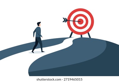 Mann, der auf einem gekrümmten Pfad zu einem Ziel geht, der Fokus, Ziele, Richtung, Erfolg und persönliches Wachstum symbolisiert Ehrgeiz und Fokus, Mann, der auf einem gewundenen Pfad zu Bullseye-Ziel läuft, Erfolg,