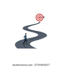 Mann, der auf einem gekrümmten Pfad zu einem Ziel geht, der Fokus, Ziele, Richtung, Erfolg und persönliches Wachstum symbolisiert Ehrgeiz und Fokus, Mann, der auf einem gewundenen Pfad zu Bullseye-Ziel läuft, Erfolg,