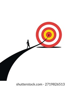 Hombre que camina en un camino curvo hacia un objetivo que simboliza el enfoque, los objetivos, la dirección, el éxito y el crecimiento personal. Ambición y enfoque, hombre que camina en un camino sinuoso que conduce a un objetivo, éxito,