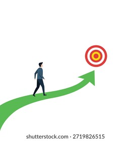 Hombre que camina en un camino curvo hacia un objetivo que simboliza el enfoque, los objetivos, la dirección, el éxito y el crecimiento personal. Ambición y enfoque, hombre que camina en un camino sinuoso que conduce a un objetivo, éxito,