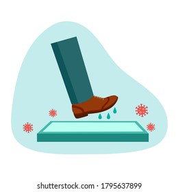 Man walking on disinfection mat to clean shoe from Covid-19 coronavirus and bacteria. Healthcare concept vector illustration on white background.