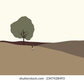 Man walking on hill slope enjoying the sunrise with scenic view. Nature leisure hike travel outdoor 