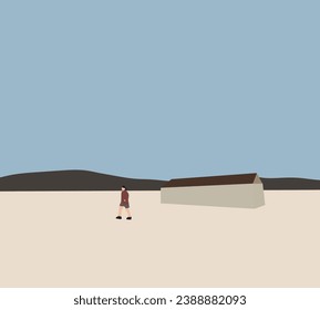 Man walking on the mountain with cabin in the green valleys and rocky mountains under blue sky. Backpack traveler.