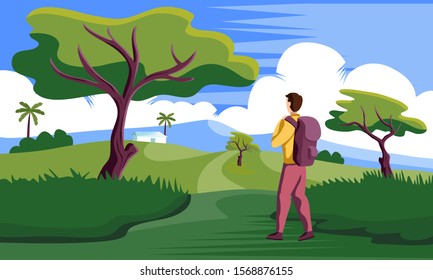 man walking on path to home countryside in mountains vector illustration