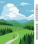 Man walking on path mountain landscape. Climbing, Hiking. Scenic view background. Spring summer outdoor adventure. Web banner, Poster, Card, Book cover. Trendy flat design. Simple vector illustration.