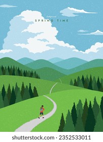 Man walking on path mountain landscape. Climbing, Hiking. Scenic view background. Spring summer outdoor adventure. Web banner, Poster, Card, Book cover. Trendy flat design. Simple vector illustration.