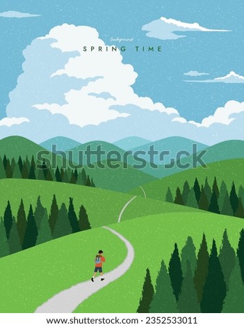 Man walking on path mountain landscape. Climbing, Hiking. Scenic view background. Spring summer outdoor adventure. Web banner, Poster, Card, Book cover. Trendy flat design. Simple vector illustration.