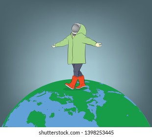 man walking on the planet Earth. vector illustration.