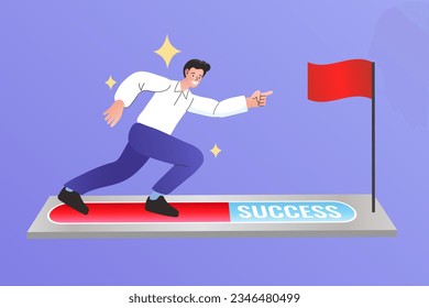 man walking on progress loading bar with flag target. Businessman to check project management timeline. Project tracking, goal tracker, task completion or checklist to remind project progress concept.