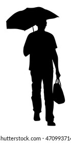 Man walking on the rain with umbrella and bag vector silhouette illustration.