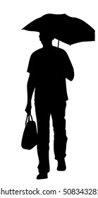 Man walking on the rain with umbrella and bag vector silhouette illustration.