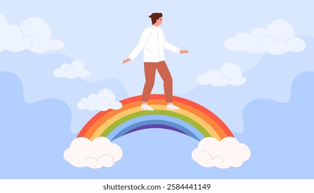 Man walking on rainbow in clouds, mental health, wellbeing and peace of mind. Young male in white dress standing on rainbow to create good vibe and positive mood cartoon vector illustration