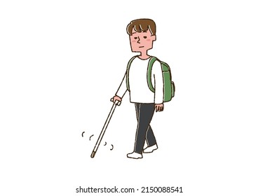 A man walking on the road using a white cane, a comical handwritten person vector, a warm line drawing
