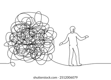 man walking on rope from big chaotic and tangled thing - one line art vector. concept and metaphors to get away from problems, find a way out, get rid of confusing thoughts. Handmade vector not AI