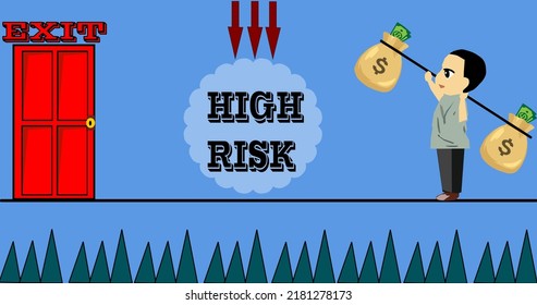 Man walking on rope carrying money. Draft
take the risk.