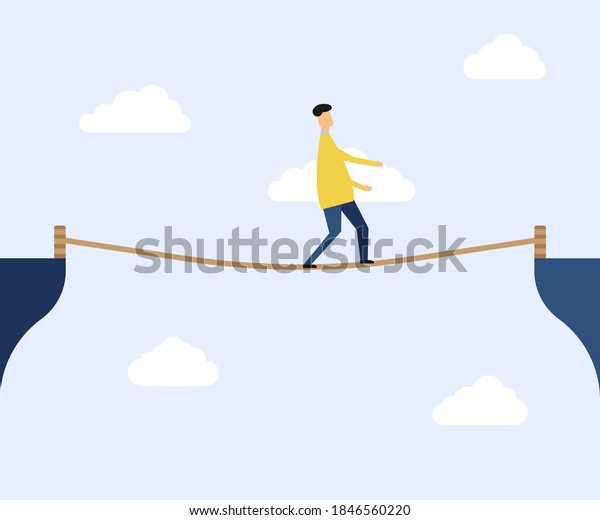 Man\
walking on rope walk way Vector illustration. Eps\
10.