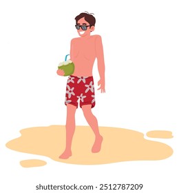 Man walking on the sand drinking coconut water, man on vacation at the beach. vector illustration.