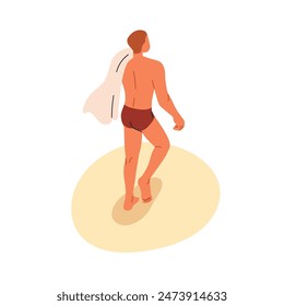 Man walking on sand, summer beach. Person in trunks going away, leaving with towel on shoulder, back rear view. Vacation, holiday leisure time. Flat vector illustration isolated on white background