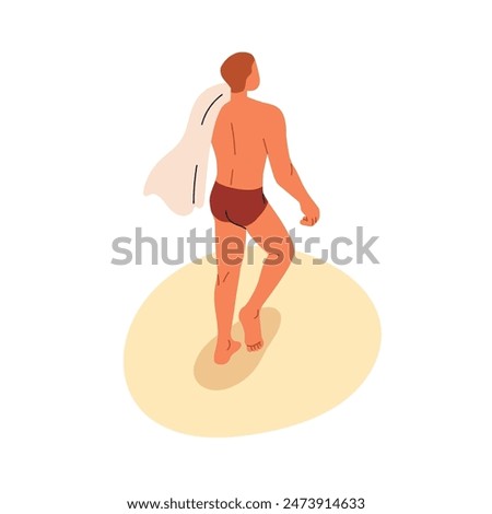 Man walking on sand, summer beach. Person in trunks going away, leaving with towel on shoulder, back rear view. Vacation, holiday leisure time. Flat vector illustration isolated on white background