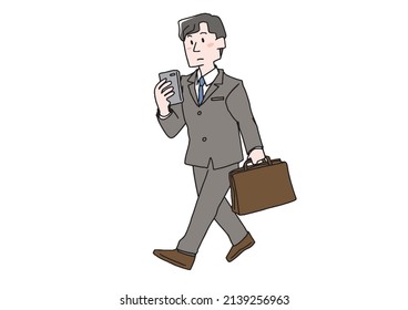 A man walking on a smartphone, a comical handwritten person, a vector, a line drawing and a color
