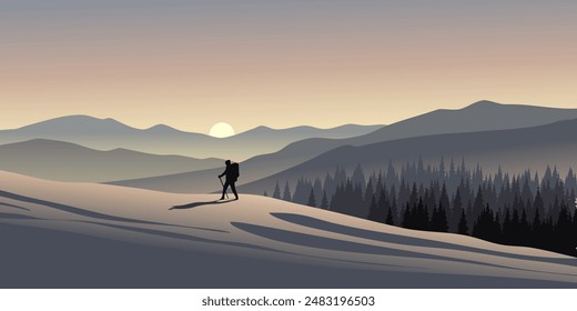 Un hombre caminando en la montaña nevada con montañas y puesta de sol en el fondo