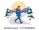 Man walking on snowy path through winter forest with mountains, sun rising behind snow covered trees and hills